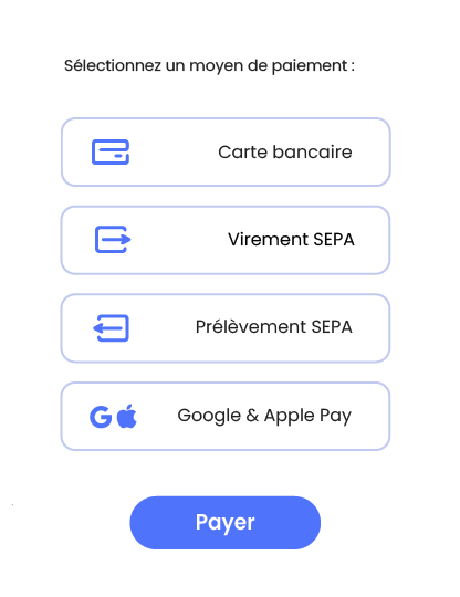 sélection des 4 moyens de paiement CentralPay : carte bancaire, virement, prélèvement et e-wallets