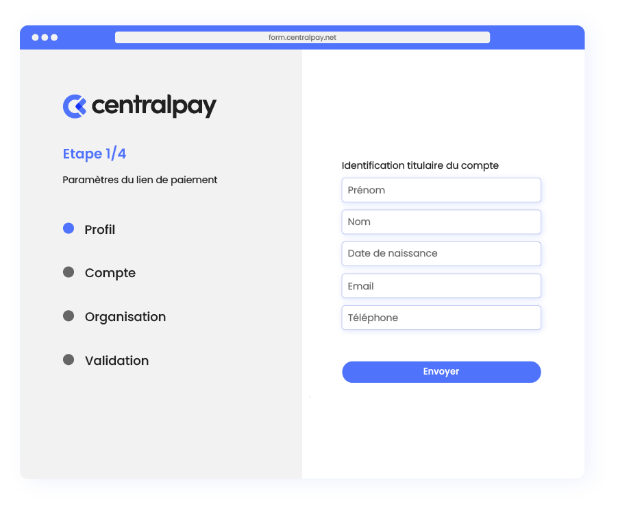 procédure d'onboarding : écran du backoffice montrant l'étape 1 de création d'un compte - profil