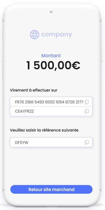 écran de téléphone montrant le formumlaire de paiement par virement SCT (SEPA Credit Transfer)