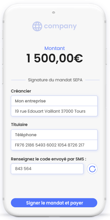 écran de téléphone montrant la signature du mandat SEPA pour un paiement par prélèvement