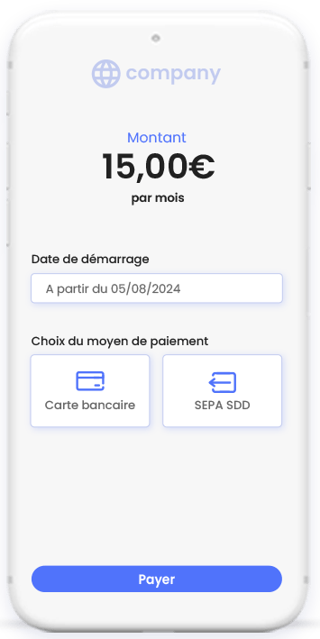 paiement par abonnement : rappel date de démarage et choix entre paiement par carte ou prélèvement SEPA