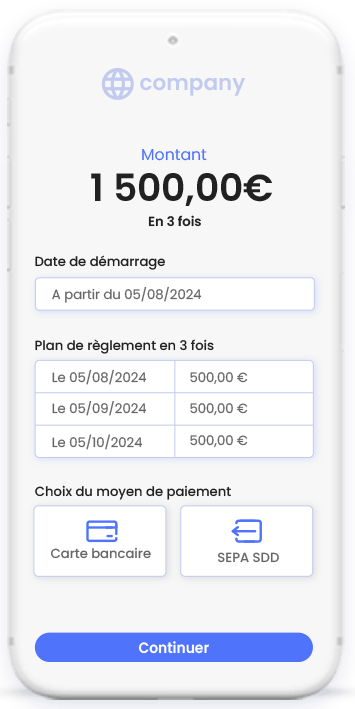 paiement fractionné : rappel plan de règlement et choix entre paiement par carte ou prélèvement SEPA