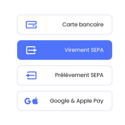 sélection des 4 moyens de paiement CentralPay : carte bancaire, virement, prélèvement et e-wallets