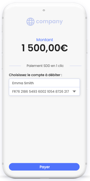 paiement par prélèvement : écran de téléphone montrant la sélection du compte à débiter avec l'IBAN