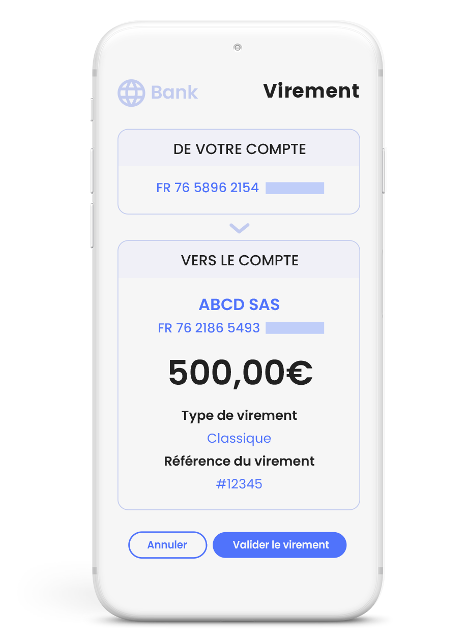 écran de téléphone récapitulant les informations de virement avant la validation du client