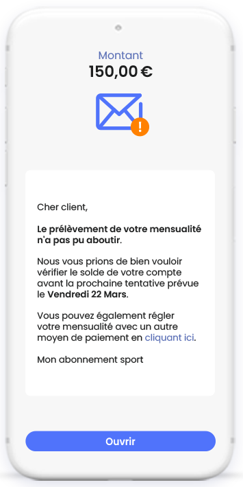 automatisation des paiements : écran de téléphone montrant un email avec une information sur une erreur de paiement