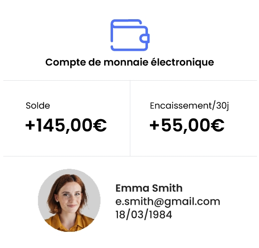 vue simplifiée du compte de monnaie électronique avec informations de contact, solde et réserve