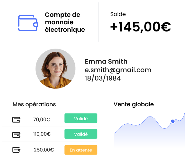 vue globale du compte de monnaie électronique avec solde, dernières opérations et total des ventes