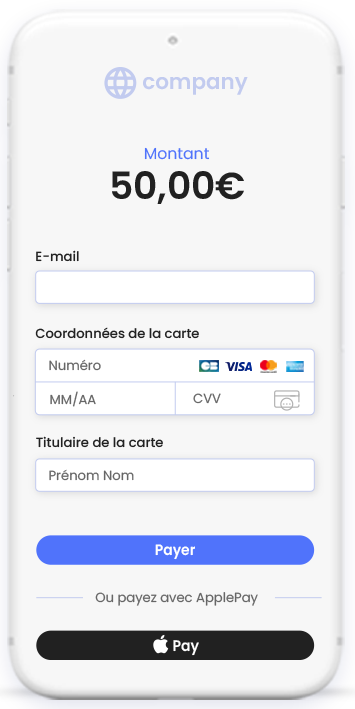 écran de téléphone montrant le formulaire de paiement par carte bancaire ou Apple Pay