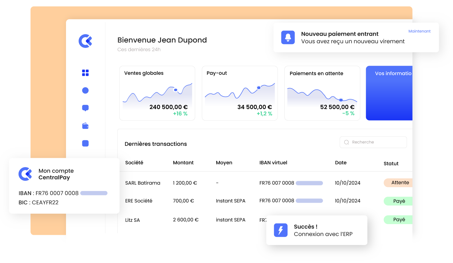 solution de paiement par virement : illustration du backoffice de la solution CentralPay