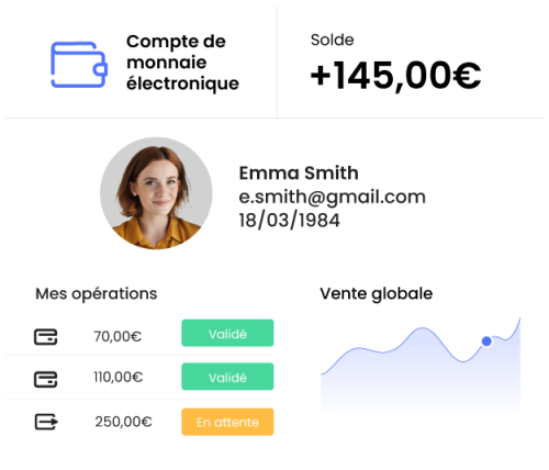 vue globale du compte de monnaie électronique avec solde, dernières opérations et total des ventes