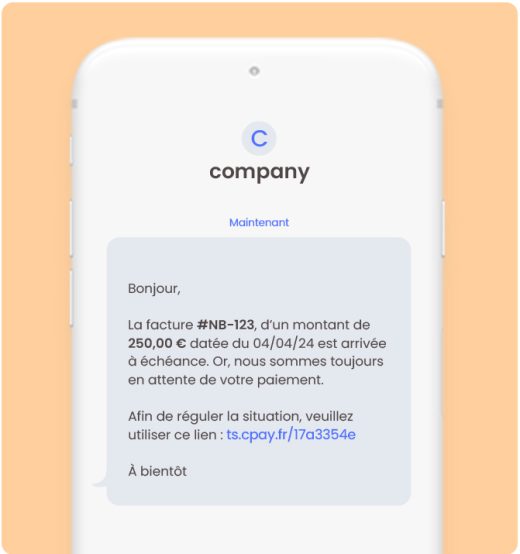 écran de téléphone montrant un sms intégrant un lien de paiement pour une créance à recouvrer